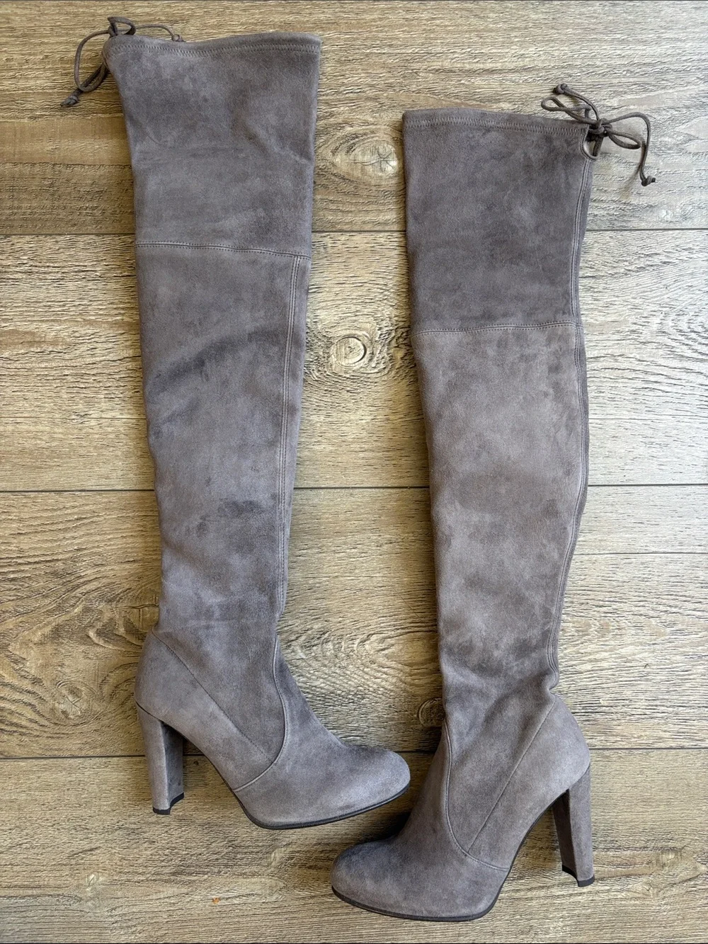 Stuart Weitzman Highland Over the Knee Grey Suede Block Heel Boots Back Lace-up
